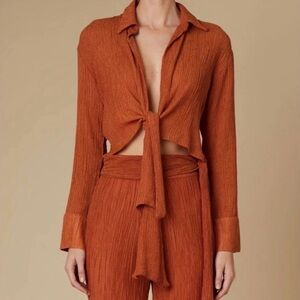 Savana Morrow Vea Blouse Papaya Orange Tie Front Textured Boho Top Size XS NWT